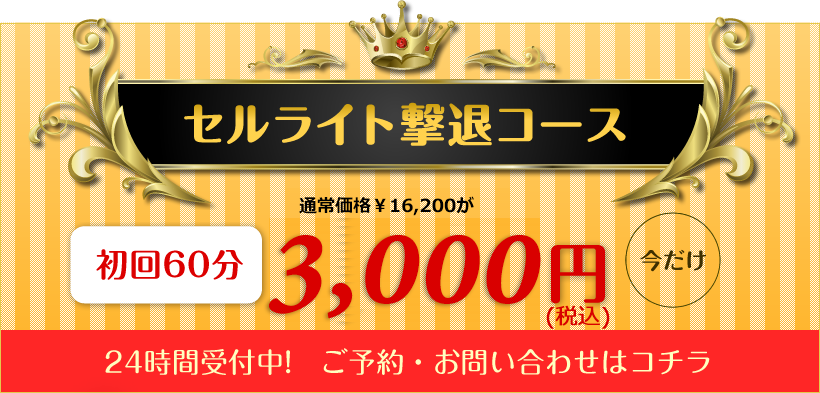 セルライト撃退コース通常価格初回60分¥15,750が3,150円24時間受付中!　ご予約・お問い合わせはコチラ