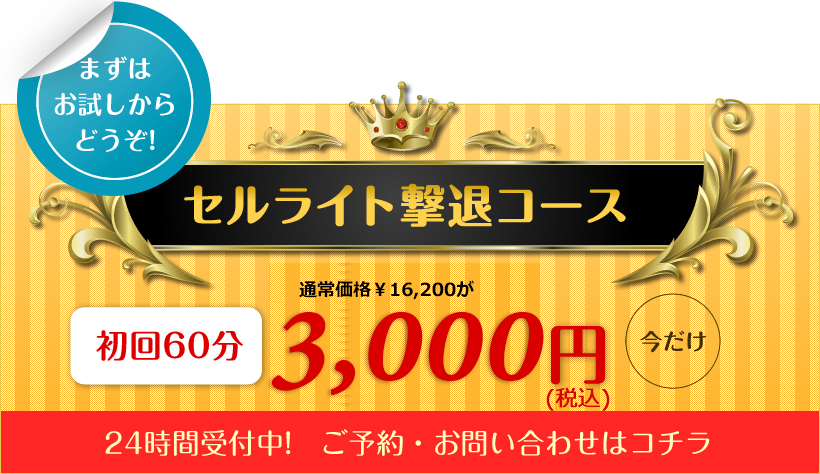 セルライト撃退コース通常価格初回60分¥15,750が3,150円24時間受付中!　ご予約・お問い合わせはコチラ