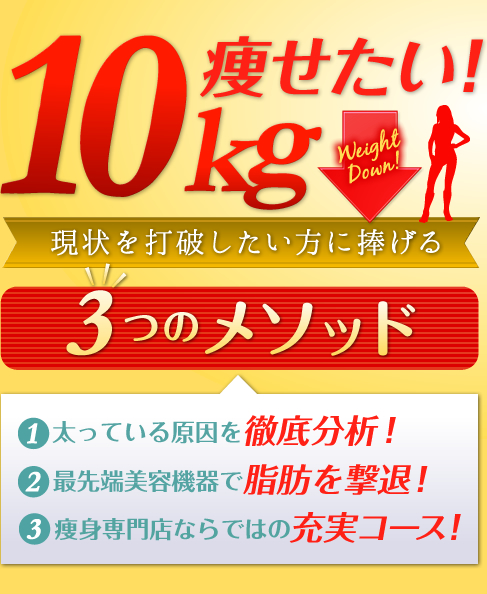 10kg痩せたい！現状を打破したい方に捧げる3つのメソッド！太っている原因を徹底分析！最先端美容機器で脂肪を撃退！痩身専門店ならではの充実コース！