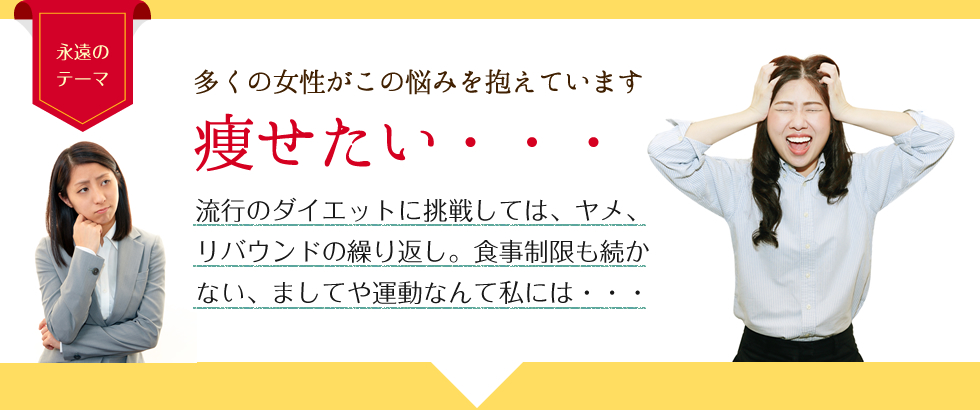 多くの女性がこの悩みを抱えています　痩せたい・・・　流行のダイエットに挑戦しては、ヤメ、リバウンドの繰り返し。食事制限も続かない、ましてや運動なんて私には・・・