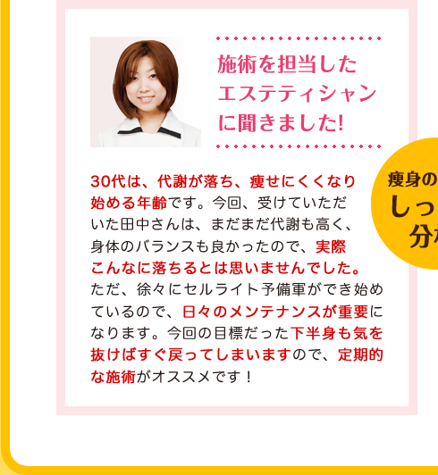 30代は、代謝が落ち、痩せにくくなり始める年齢です。今回、受けていただいた田中さんは、まだまだ代謝も高く、身体のバランスも良かったので、実際
こんなに落ちるとは思いませんでした。ただ、徐々にセルライト予備軍ができ始めているので、日々のメンテナンスが重要になります。今回の目標だった下半身も気を抜けばすぐ戻ってしまいますので、定期的な施術がオススメです！